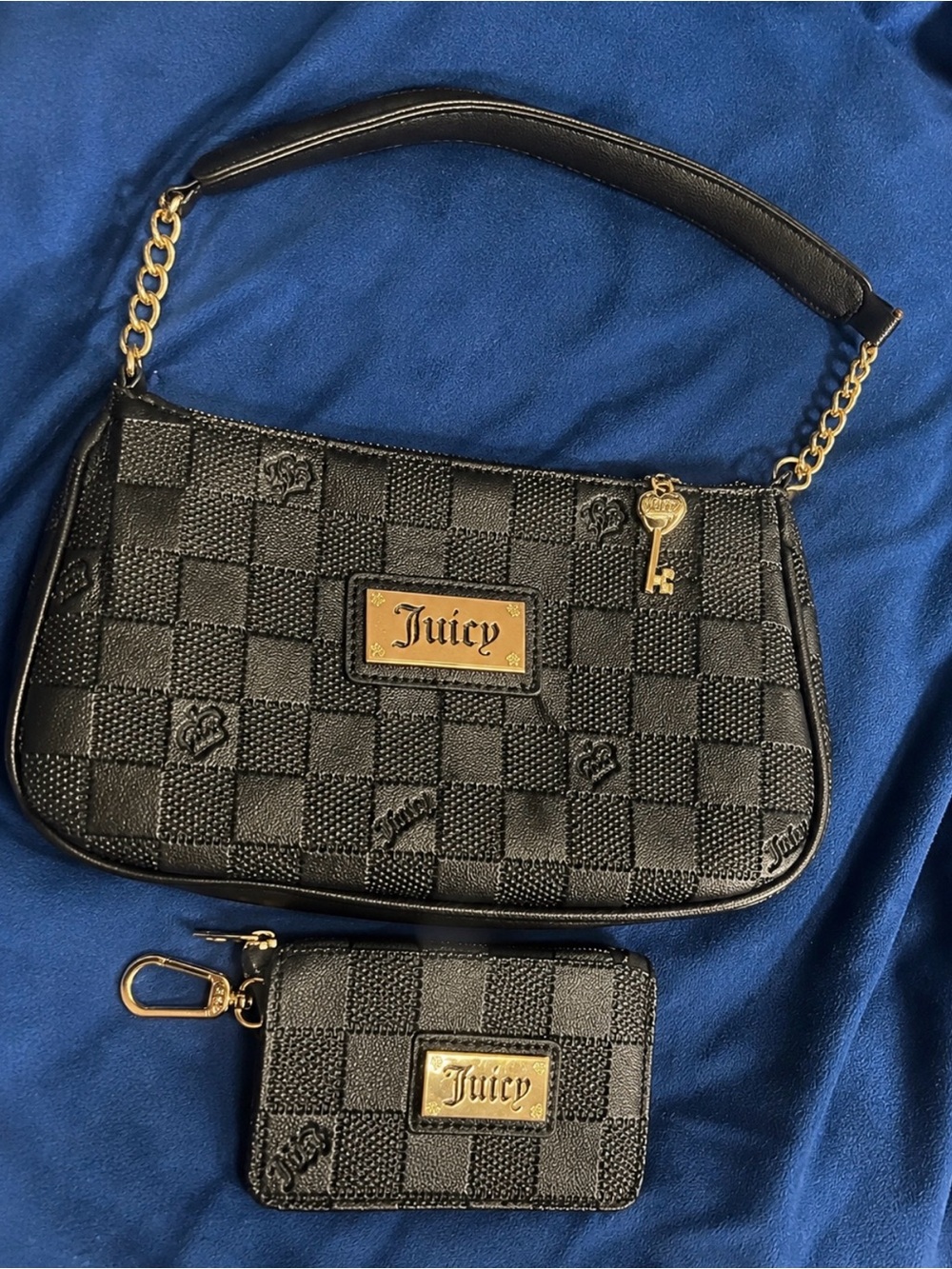 Juicy Couture Black Quilted Shoulder Bag with Gold Hardware & Coin Pouch